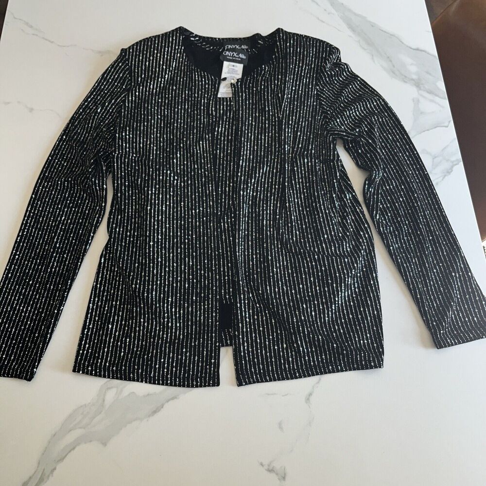 Onyx Nite 2 Piece Set Jacket Tank Sz Sm Black Silver Sparkle Rhinestone Evening